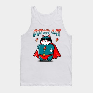 Funny Super Cat Illustration with Superhero Cape, Costume and Mask Tank Top